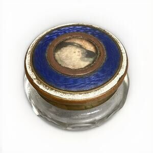 Antique Laud Gold Silver Blue Enamel Glass Jar W/ A Portrait